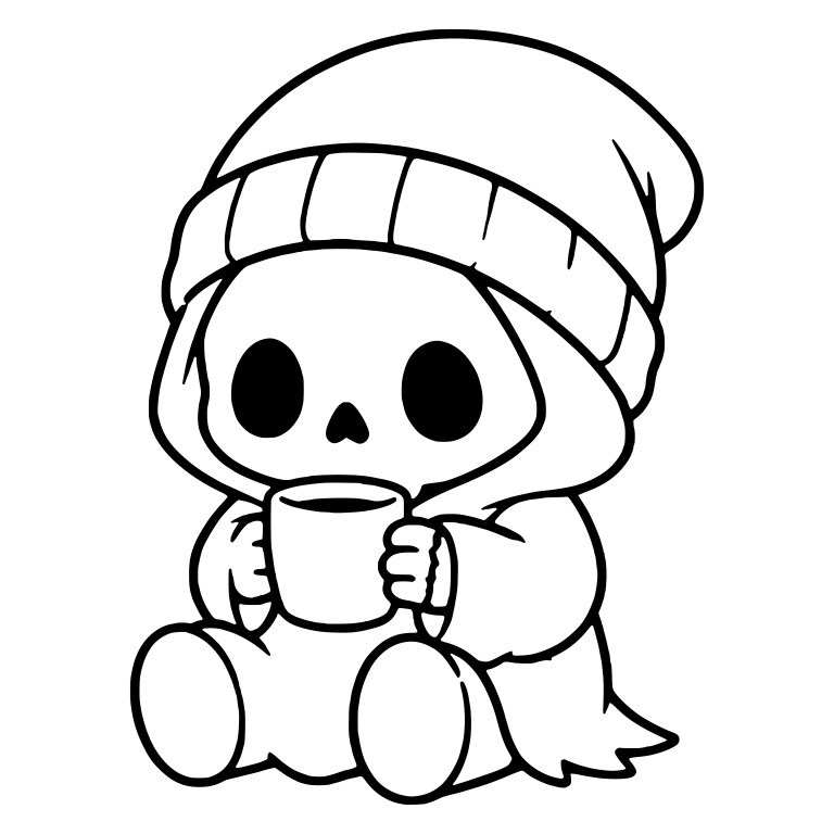 Sitting Beanie Reaper Holding a Mug — free characters SVG cut file