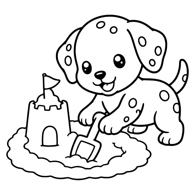 Dalmatian Puppy Digging Beside Sandcastle with Flag — free animal SVG cut file