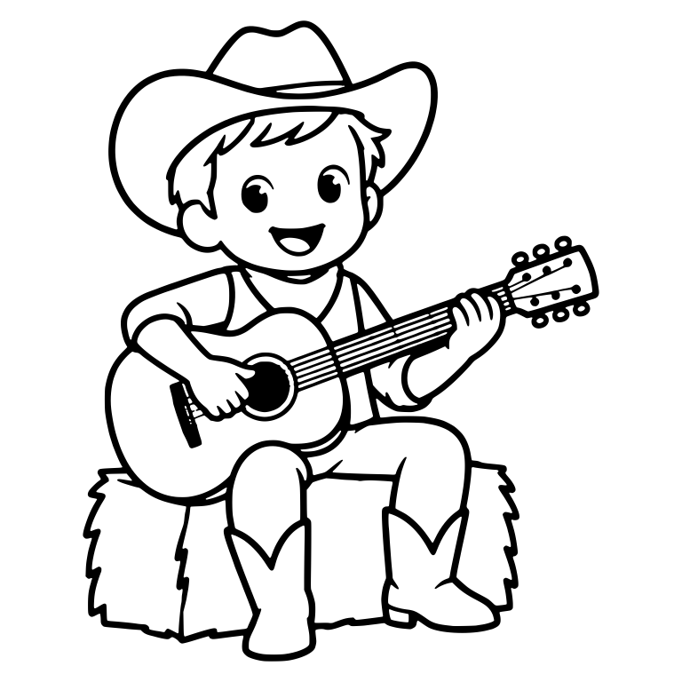 Cowboy Boy Playing Guitar on a Hay Bale — free characters SVG cut file