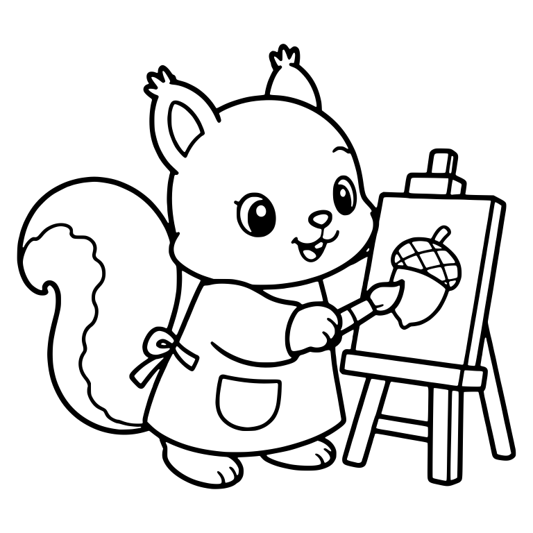 Squirrel in Apron Painting Acorn With Open-Mouth Smile — free animal SVG cut file