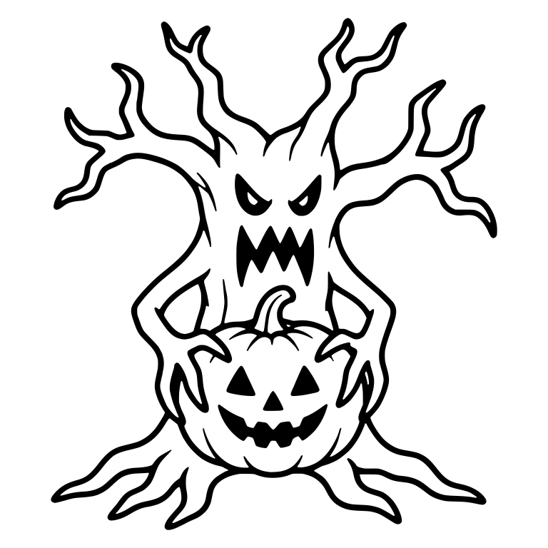 Snarling Tree Hugging a Jack-o'-Lantern on Its Roots — free floral SVG cut file