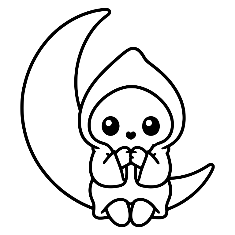 Kawaii Hooded Figure with Hands Under Chin on Moon — free characters SVG cut file