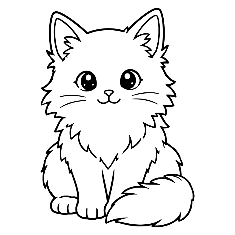 Fluffy Kitten Sitting with Whiskers and Tail at Front — free animal SVG cut file