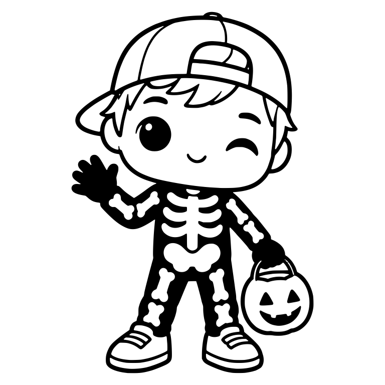 Winking Skeleton Costume Kid In Backwards Cap Waving — free characters SVG cut file