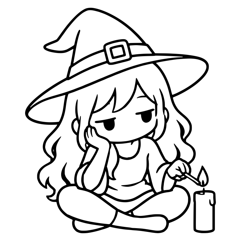Bored Witch Sitting and Lighting Candle With Match — free characters SVG cut file