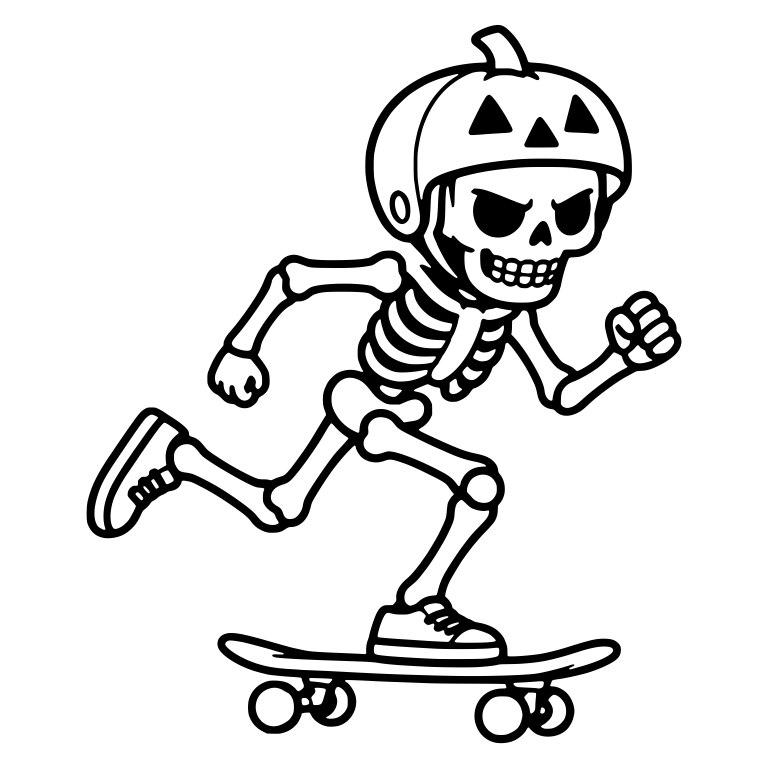 Scowling Skeleton in Pumpkin Helmet Pushing Skateboard — free skeleton SVG cut file