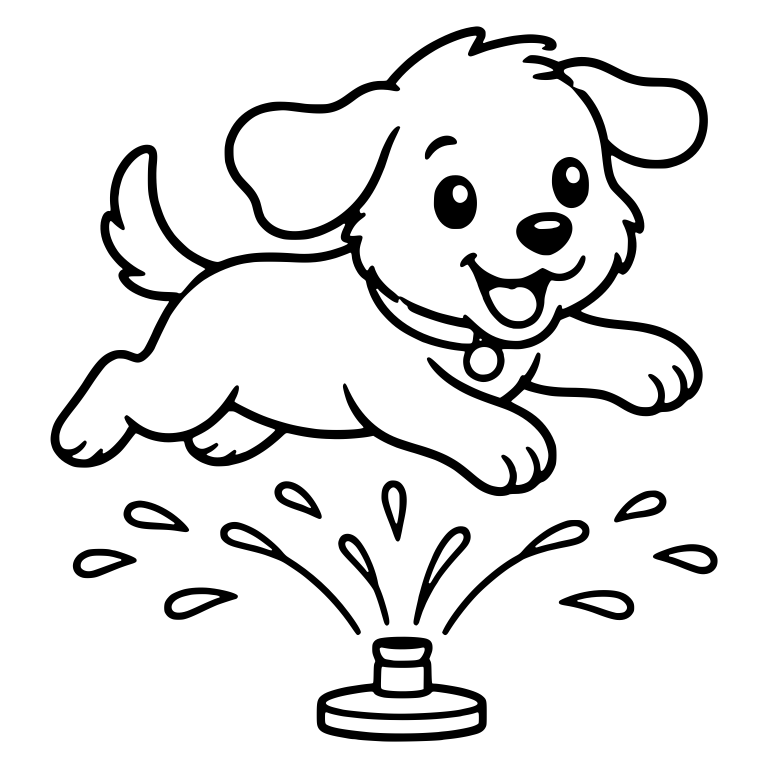 Running Puppy Leaping Over Sprinkler With Tag Collar — free animal SVG cut file