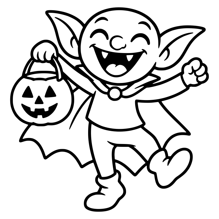 Laughing Goblin in Vampire Cape Cheering with Pumpkin Pail — free fantasy-creature SVG cut file