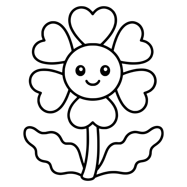 Heart Petal Flower With Smiling Face and Wavy Leaves — free floral SVG cut file