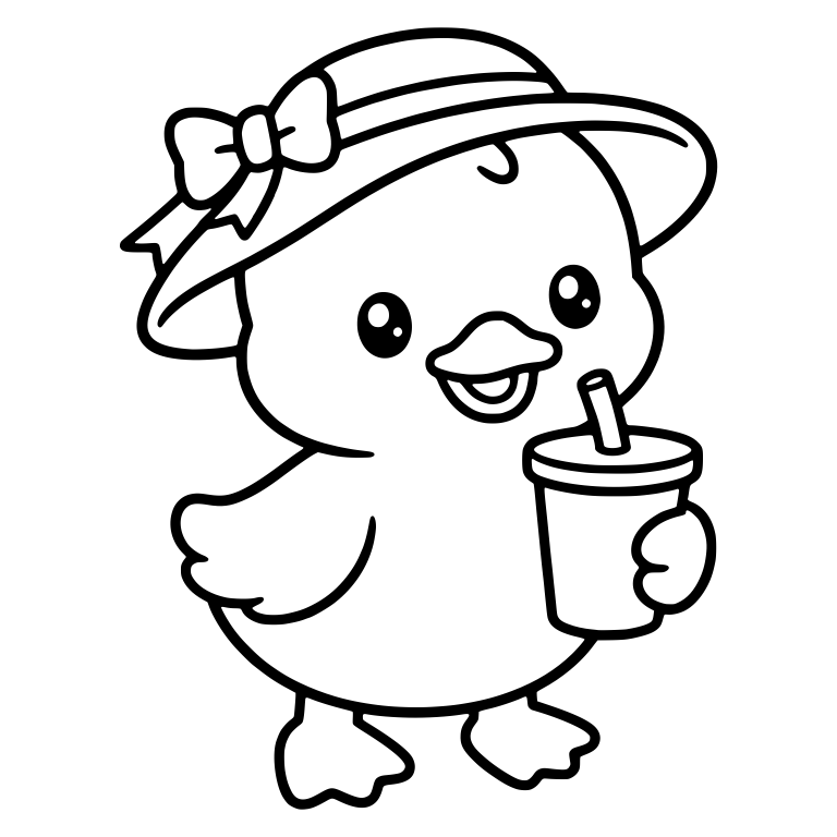 Duckling in a Bow Sun Hat Holding a Straw Cup — free animal SVG cut file