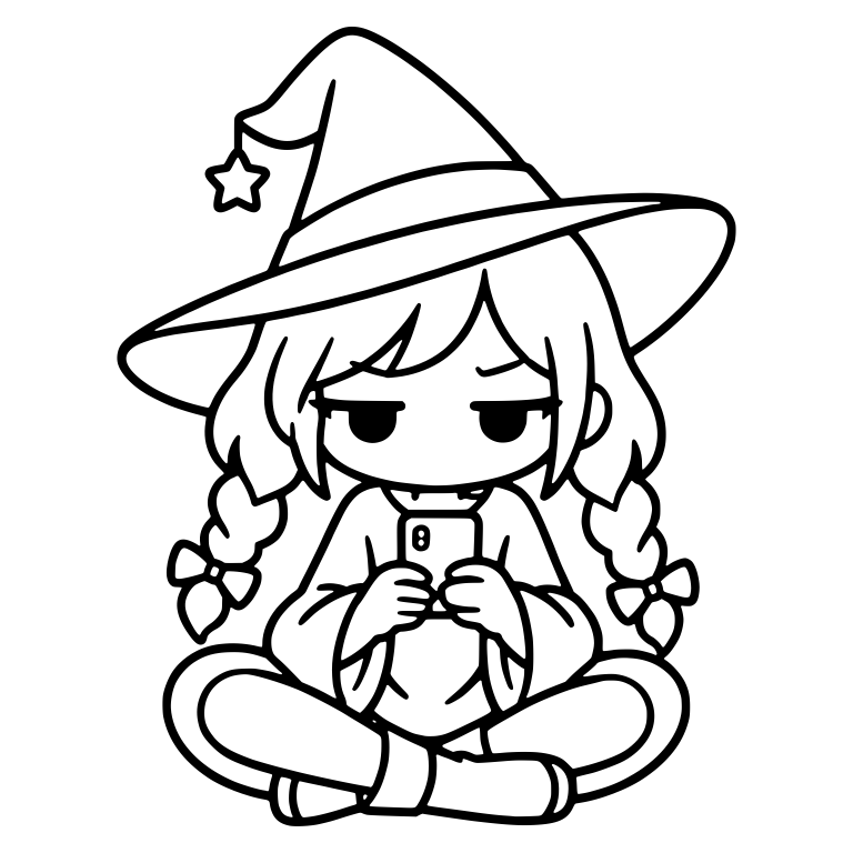 Bored Witch with Braids and Star Hat Scrolling Phone — free characters SVG cut file