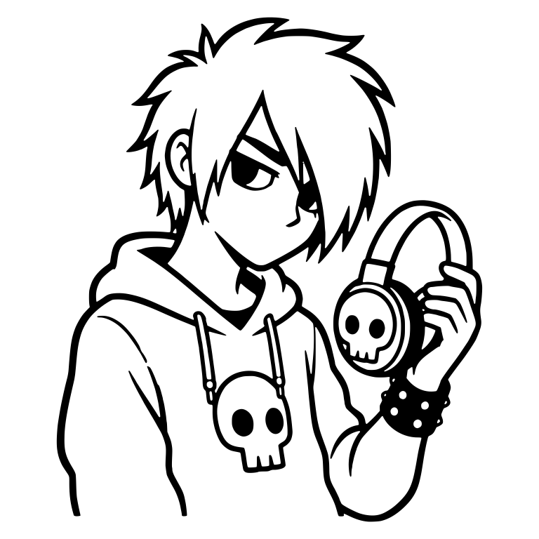 Emo Boy Holding Skull Headphones in Skull Hoodie — free characters SVG cut file