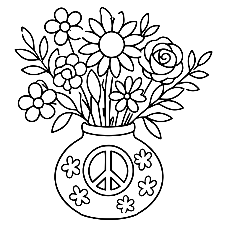 Rose Bouquet in Round Vase with Peace Sign and Flowers — free floral SVG cut file