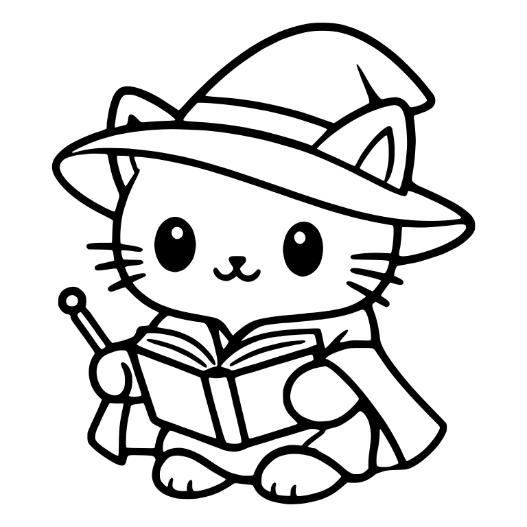 Cat in Witch Hat Reading Spellbook With Wand — free animal SVG cut file
