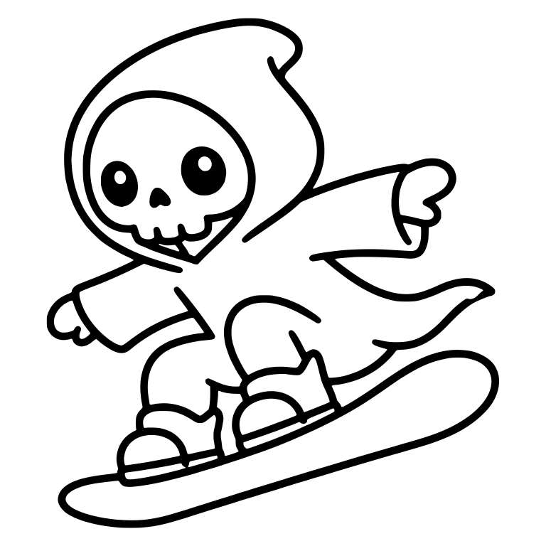 Kawaii Grim Reaper Riding a Snowboard Pointing Ahead — free characters SVG cut file