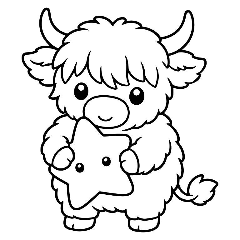 Standing Highland Cow Hugging a Smiling Star — free animal SVG cut file