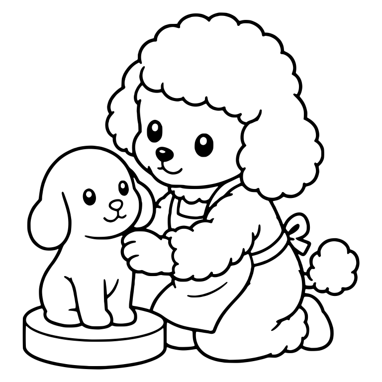 Kawaii Poodle Sculptor Shaping a Puppy on a Round Base — free animal SVG cut file