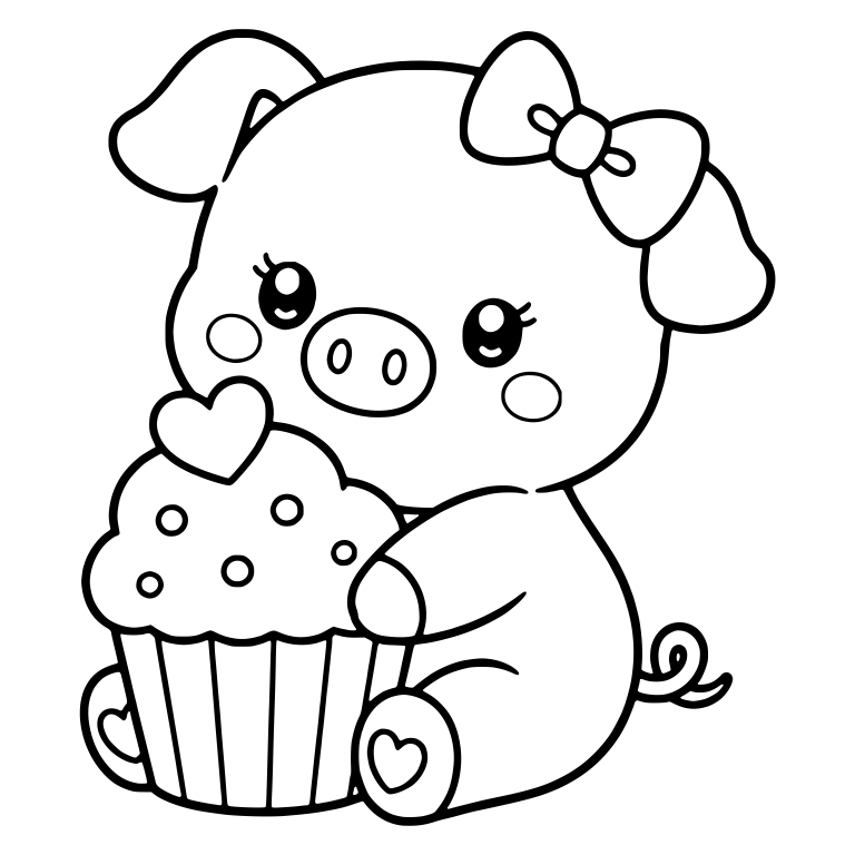 Piglet With Hair Bow Hugging Heart Topped Cupcake — free animal SVG cut file
