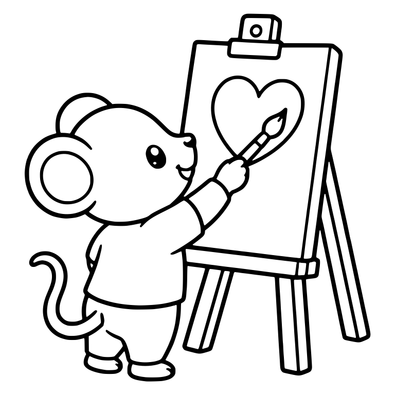 Kawaii Mouse Painting a Big Heart on an Easel — free animal SVG cut file