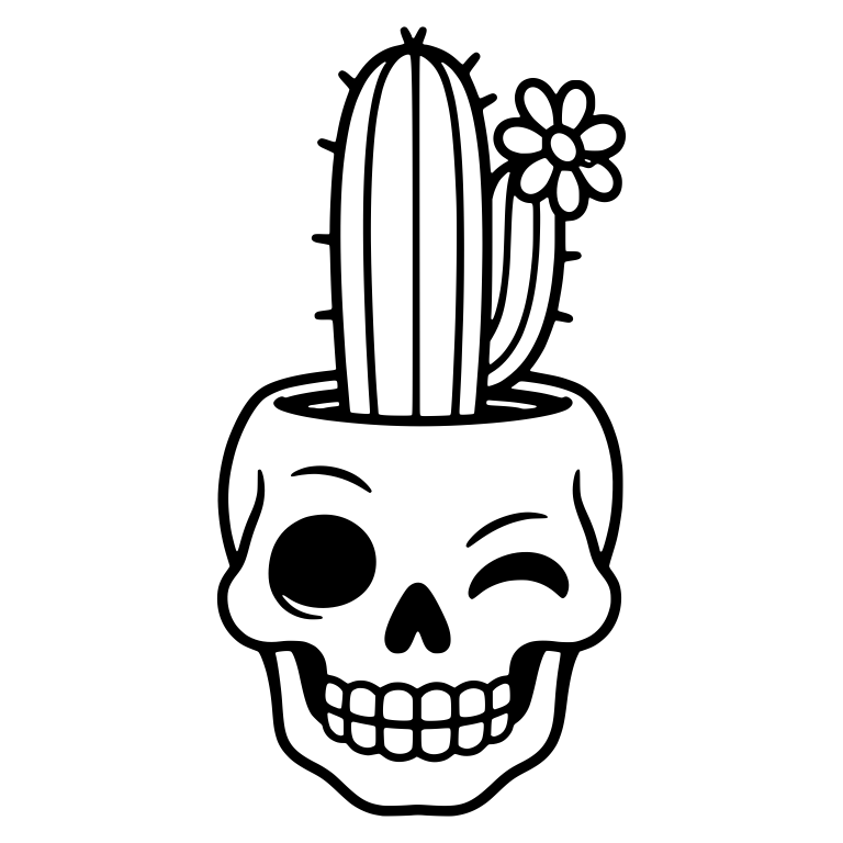 Winking Skull Planter With Tall Cactus and Flower — free skeleton SVG cut file