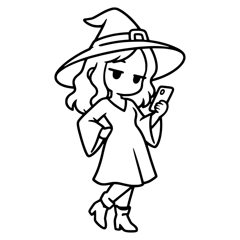 Bored Witch with Hand on Hip Checking Phone — free characters SVG cut file