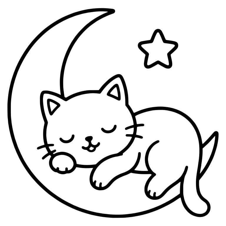 Sleeping Kawaii Cat Curled on a Crescent Moon With a Star — free animal SVG cut file