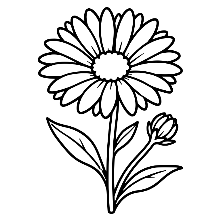Round Aster Bloom With Small Bud and Pointed Leaves — free floral SVG cut file