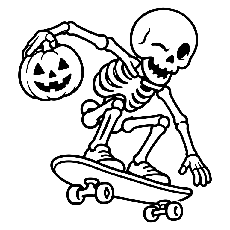 Winking Skeleton Dangling Pumpkin on Skateboard — free skeleton SVG cut file