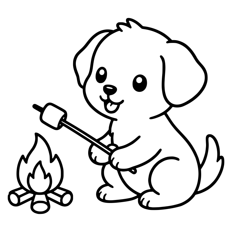 Puppy Roasting Marshmallow on Stick Over Campfire — free animal SVG cut file