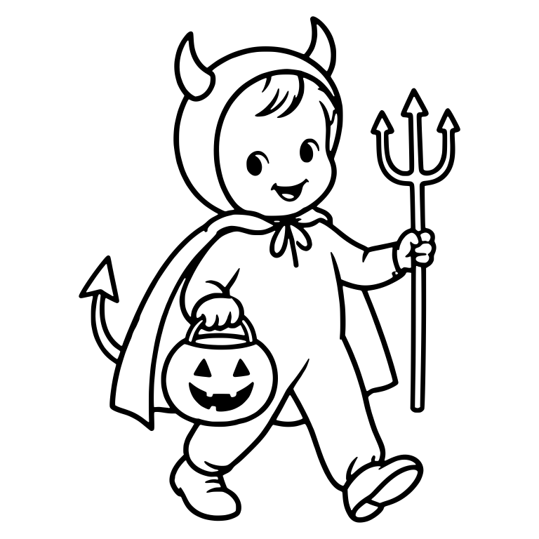 Little Devil Costume Kid With Pitchfork and Pumpkin Bucket — free characters SVG cut file