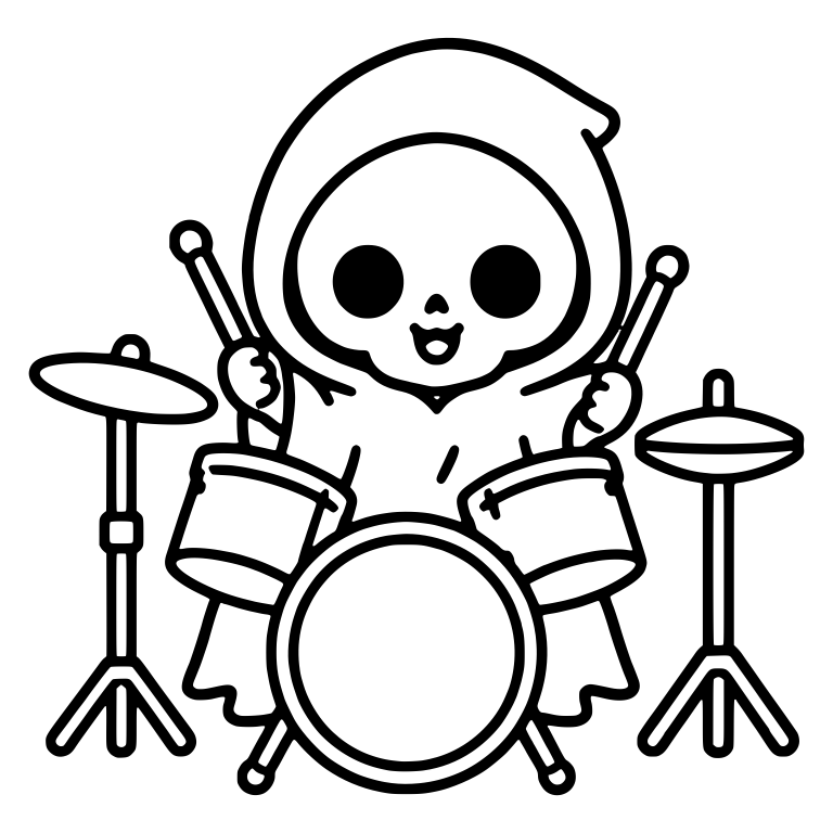 Kawaii Grim Reaper Drummer With Full Kit and Two Cymbals — free characters SVG cut file
