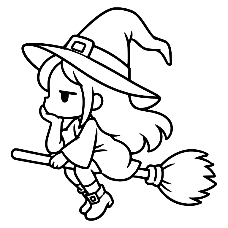 Bored Witch in Profile Riding Broom, Chin on Hand — free characters SVG cut file