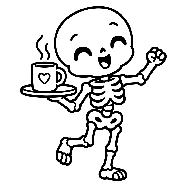 Cheering Skeleton Holding a Heart Mug on a Tray — free skeleton SVG cut file