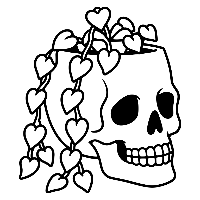 Tilted Skull Planter With Trailing Heart-Leaf Vine — free skeleton SVG cut file