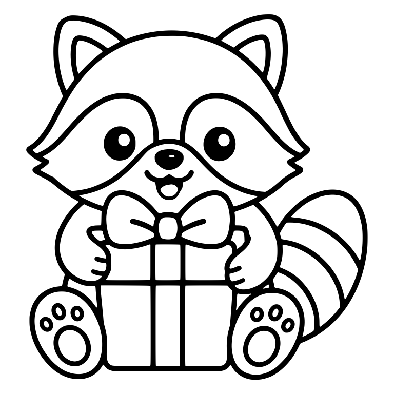 Sitting Raccoon Holding Gift Box with Big Bow — free animal SVG cut file