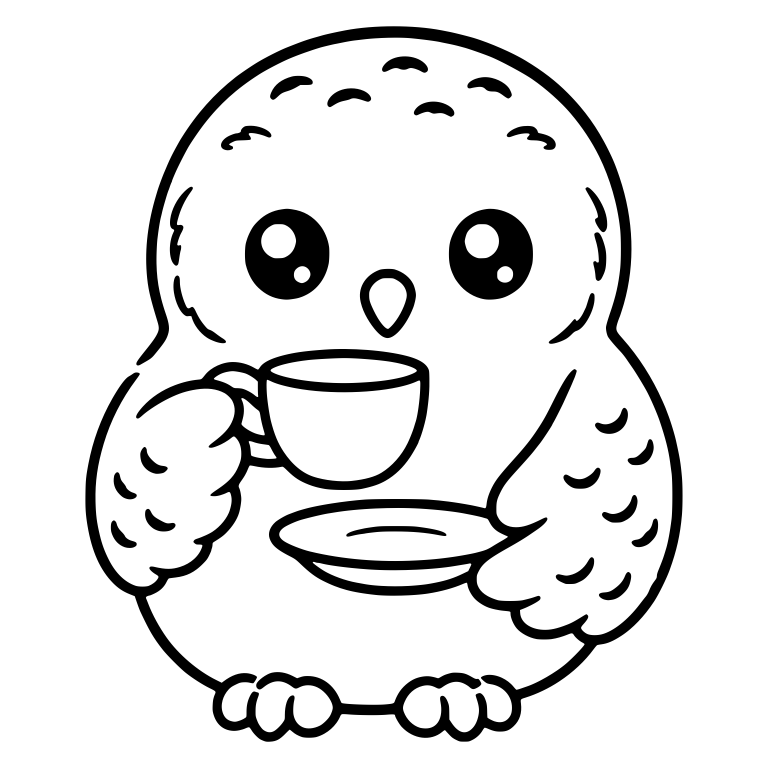 Round Owl Sipping From Teacup Held With Saucer — free animal SVG cut file