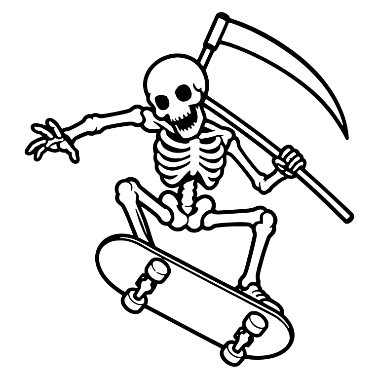 Skeleton Kickflip with Scythe Over Shoulder — free skeleton SVG cut file