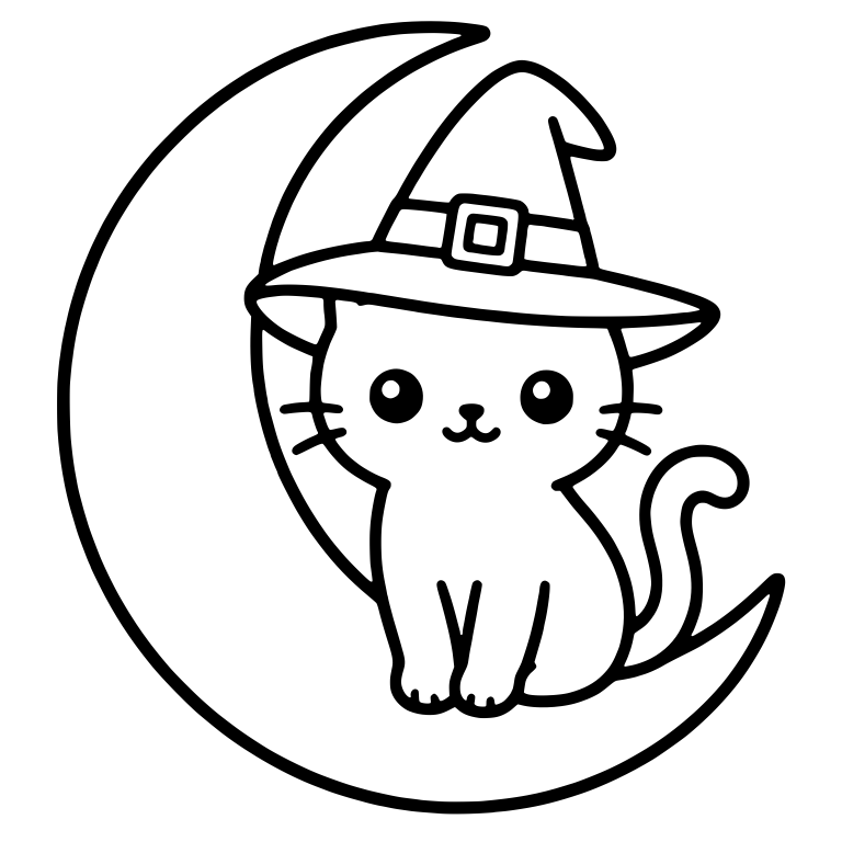 Kawaii Cat in a Witch Hat Sitting on a Crescent Moon — free animal SVG cut file