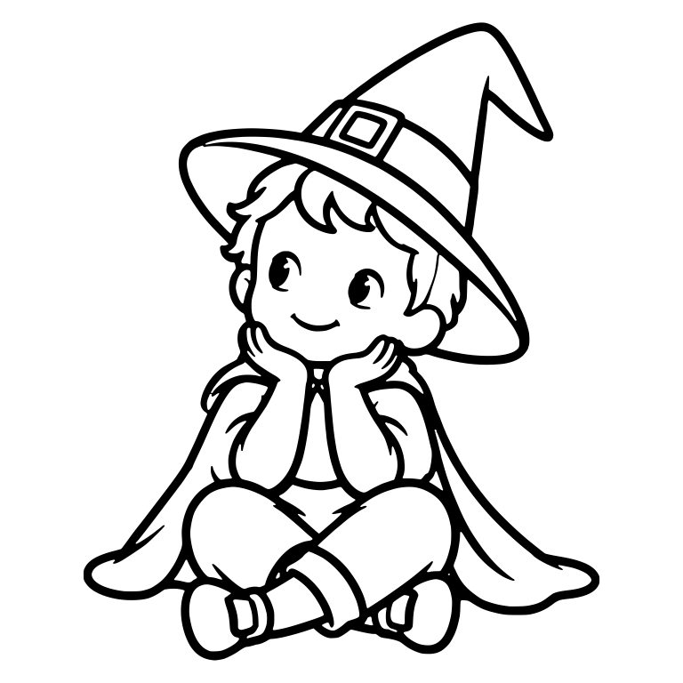 Kid Witch Costume Sitting With Chin in Hands — free characters SVG cut file