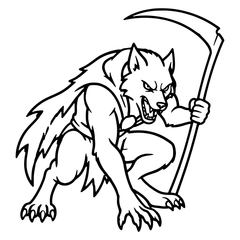 Crouching Werewolf Snarling with Tall Scythe — free fantasy-creature SVG cut file
