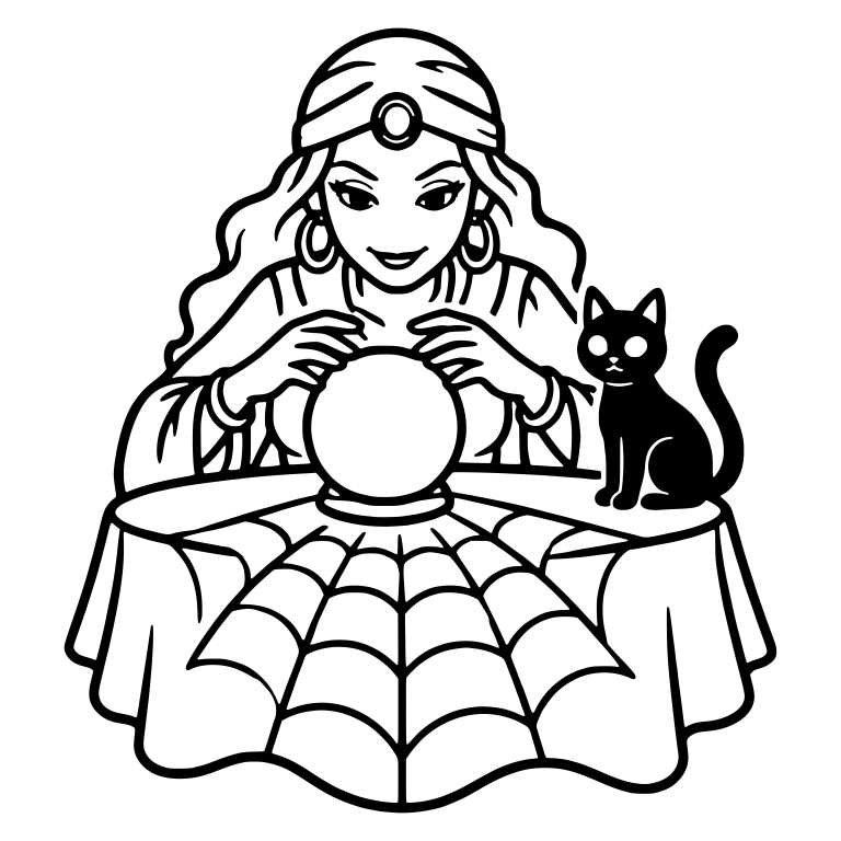 Fortune Teller With Black Cat and Spiderweb Tablecloth — free characters SVG cut file