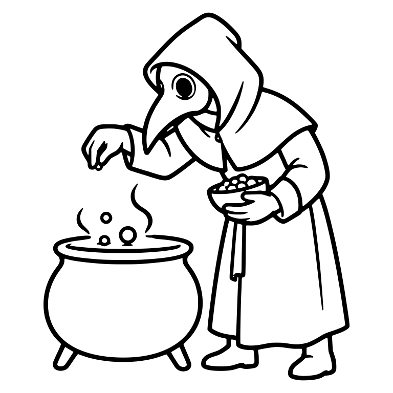 Hooded Plague Doctor Adding Ingredients to Cauldron — free characters SVG cut file