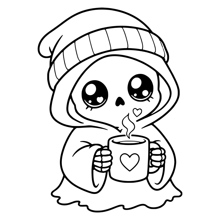 Big-Eyed Beanie Reaper Holding Heart Mug With Steam — free characters SVG cut file