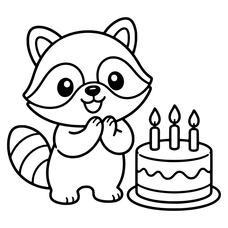 Excited Raccoon Clasping Hands by Birthday Cake — free animal SVG cut file