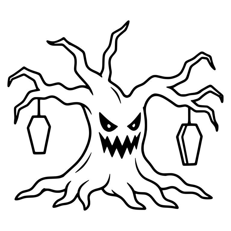 Wide Fanged Tree with Two Hanging Coffins — free fantasy-creature SVG cut file