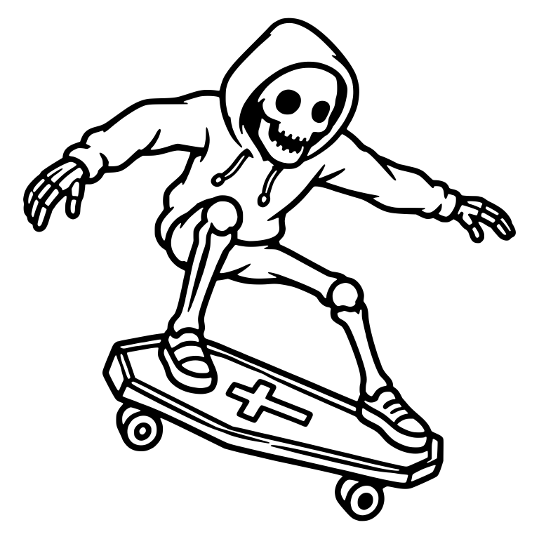 Hooded Skeleton Riding Coffin Skateboard — free skeleton SVG cut file