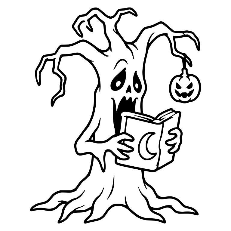Skull-Faced Tree Reading a Crescent Moon Spellbook — free floral SVG cut file