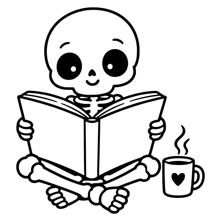 Kawaii Skeleton Reading Big Book with Heart Mug Beside — free skeleton SVG cut file