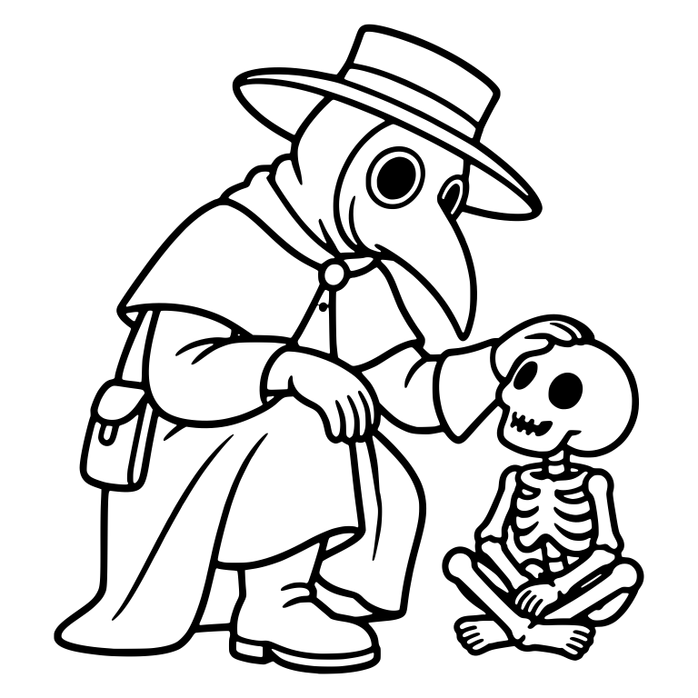 Plague Doctor Patting Seated Skeleton on the Head — free characters SVG cut file