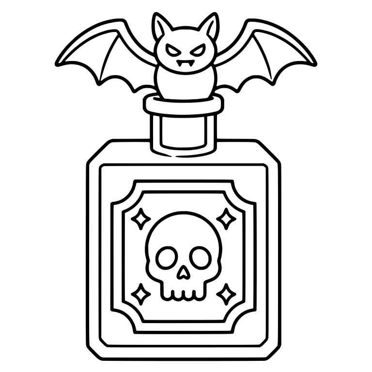 Square Skull Label Bottle with Fanged Bat on Top — free objects SVG cut file